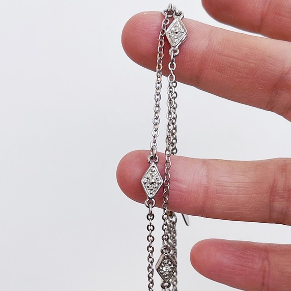 Art Deco Style NY Tag Silver Tone Diamond Shape CZ Double Chain Necklace 15.5” - Picture 1 of 10